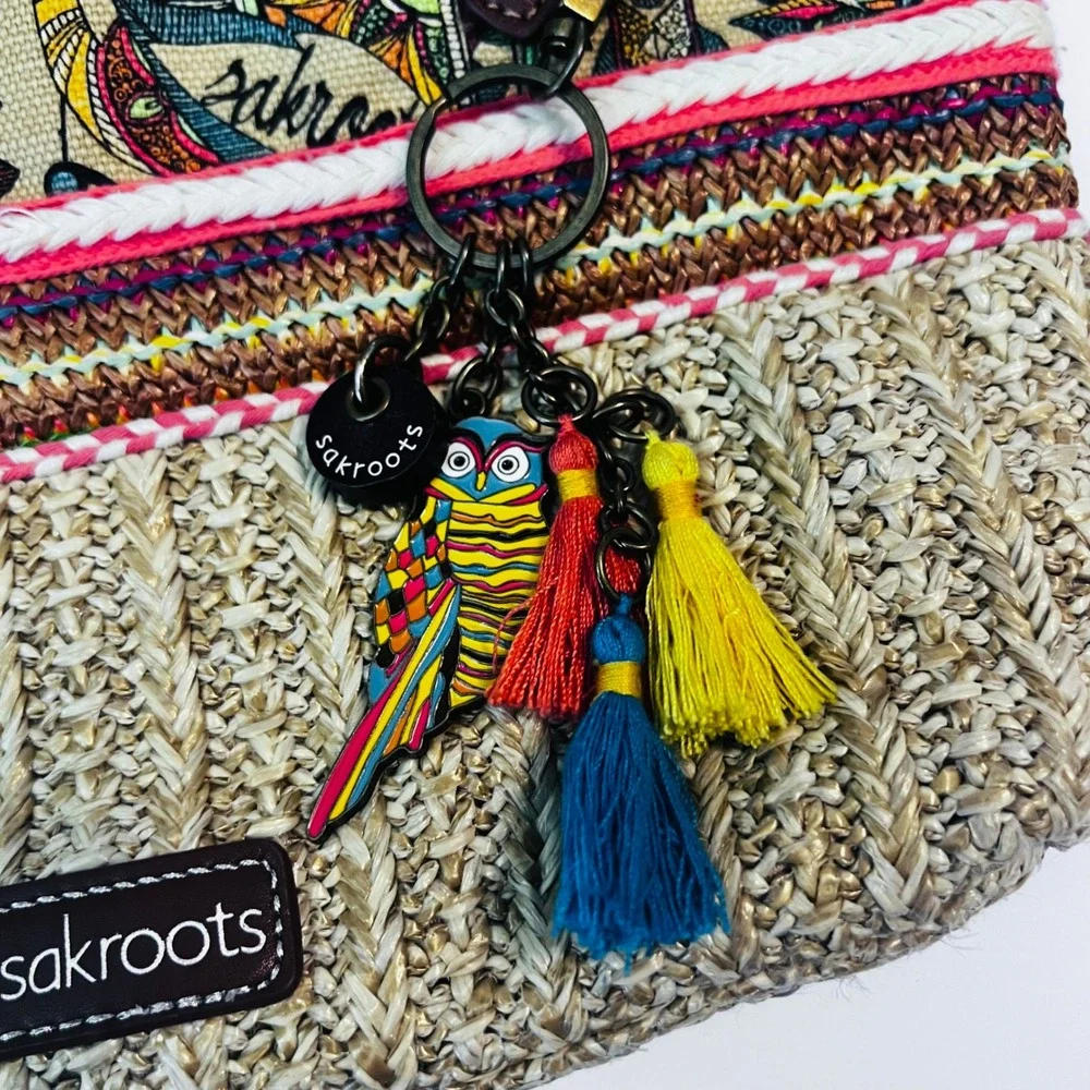 Sakroots Straw Satchel Bag Multicolor Print Tassels Boho Crossbody‎ Tote